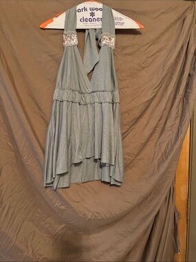 Sequin-Shoulder Halter Swing Dress in Light Gray